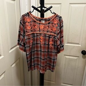 Sister Mary Rust Plaid Embroidered Peasant Top